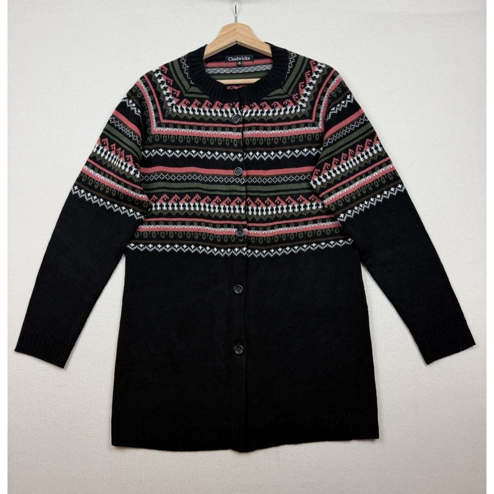 Chadwicks Fair Isle Long Cardigan‎ Women's Button Up Medium Sweater Multicolor